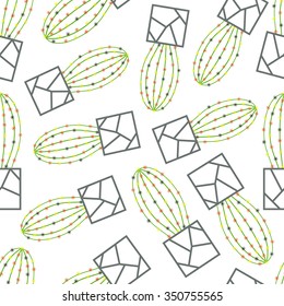 Vector seamless pattern with green cactus in the decorated pots. Cute cacti floral illustration. Home plants. Linear botanical wallpaper with succulents in trendy line style.