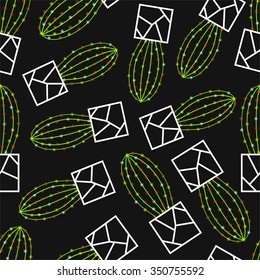 Vector seamless pattern with green cactus in the decorated pots. Cute cacti floral illustration. Home plants. Linear botanical wallpaper with succulents in trendy line style.