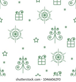 vector seamless pattern of green Christmas trees and stars and gifts