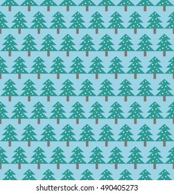 Vector seamless pattern with green christmas trees on light blue background.