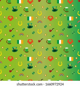 Vector seamless pattern with green clover, shoe, pipe and lerpechaun on gradient of green. Irish celtic Saint Patricks Day symbols of luck. Design for wrapping paper, background, textile prints.