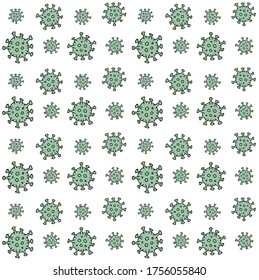 Vector seamless pattern of green colored hand drawn doodle sketch coronavirus covid 19 cell isolated on white background