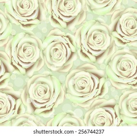 Vector seamless pattern  with green cream roses and bokeh spotlights