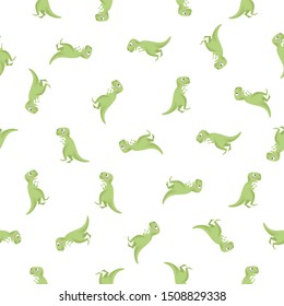 Vector seamless pattern of green cute dinosaur. Tyrannosaur rex. 