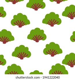 Vector seamless pattern with green deciduous trees. Brown trunk. White background. Cartoon style. Spring and summer. Nature and ecology. Post cards, wallpaper, wrapping paper, scrapbooking, textile