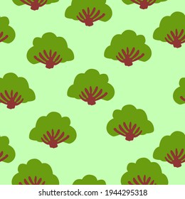 Vector seamless pattern with green deciduous trees. Brown trunk. Green background. Cartoon style. Spring and summer. Nature and ecology. Post cards, wallpaper, wrapping paper, scrapbooking, textile
