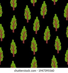 Vector seamless pattern with green deciduous trees. Brown trunk. Black background. Cartoon style. Spring and summer. Nature and ecology. Post cards, wallpaper, wrapping paper, scrapbooking, textile