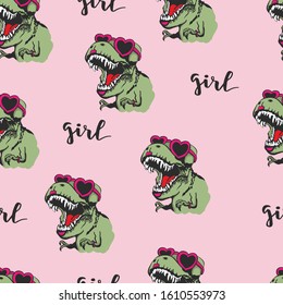 Vector seamless pattern with green  dinosaurs t-rex in pink sunglasses on pink background. Cartoon vector tiles. Background for textile, fabric, web, card and other design.