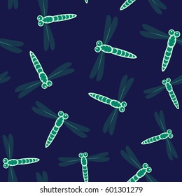 Vector seamless pattern with green dragonflies on dark blue background