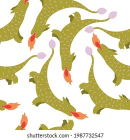 Vector seamless pattern with green dragons with fire from the mouth.