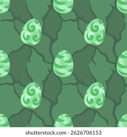 Vector seamless pattern with green easter eggs featuring swirls on a dark green textured background