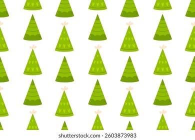 Vector seamless pattern with green festive party hats on a white background. Perfect for birthday, Christmas, and celebration designs.