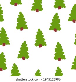 Vector seamless pattern with green fir trees. Brown trunk. White background. Cartoon style. Spring and summer. Nature and ecology. For post cards, wallpaper, wrapping paper, scrapbooking, textile