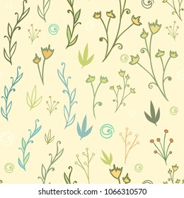 Vector seamless pattern with green floral design on the light yellow background.