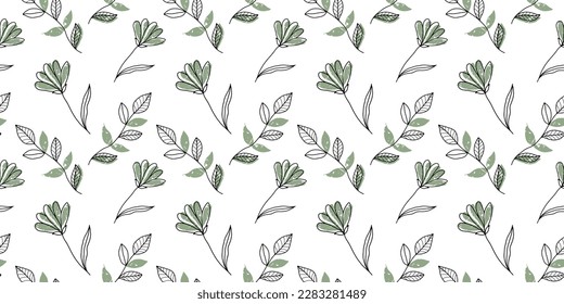 Vector seamless pattern with green flowers, branches and leaves for textiles, wrapping paper, decor, covers and backgrounds