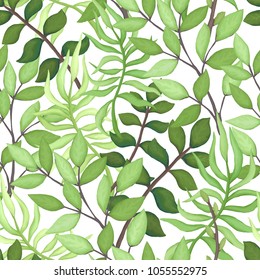 Vector Seamless Pattern of Green Foliage in Watercolor Style