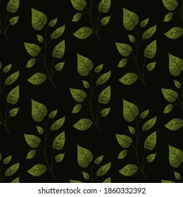 Vector seamless pattern with green foliate twigs on black background.