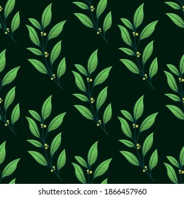 Vector seamless pattern with green foliate twigs on dark green background; for greeting cards, wrapping paper, posters, banners, packaging.