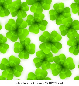 Vector Seamless Pattern with Green Four-Leaf Lucky Clovers on White Background. St. Patricks Day Texture.