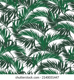 Vector seamless pattern: a lot of green fresh tropical palm leaves on white. Summer natural design for textile, wallpaper, wrapping paper