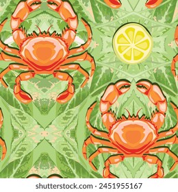 Vector, seamless pattern of green fresh salad, sour lemon and crab gifted by the sea.