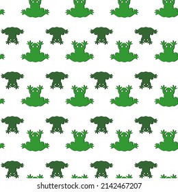 Vector seamless pattern of green frogs on a white background.