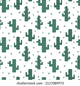 Vector seamless pattern with green geometric cacti on a white background. Ornament for wrapping paper or textile on the theme of desert, western, Mexico. Flat minimalist design.