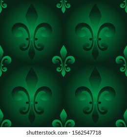 Vector seamless pattern with green gradient french lily.  Vector seamless pattern for Mardi Gras with french lily. Mardi Gra pattern. 