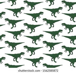 Vector seamless pattern of green hand drawn outline sketch tyrannosaur rex dinosaur isolated on white background