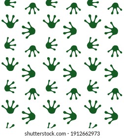 Vector seamless pattern of green hand drawn frog paw footprint isolated on white background