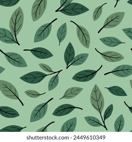 Vector seamless pattern with green hand drawn tea leaves on green background. Design for print, fabric, invitation, wallpaper.