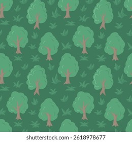 Vector seamless pattern with green hand drawn cartoon trees and foliage on a teal green background