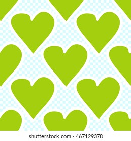 Vector seamless pattern with green heart. Hand drawn cute and funny fashion illustration. Modern doodle pop art sketch 
