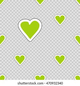 Vector seamless pattern with green heart. Hand drawn cute and funny fashion illustration patches or stickers kit. Modern doodle pop art sketch badges and pins