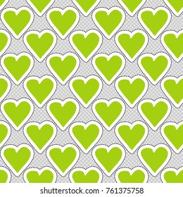 Vector seamless pattern with green heart. Hand drawn cute and funny fashion illustration patches or stickers kit. Modern doodle pop art sketch badges and pins