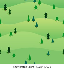 Vector seamless pattern with Green Hills and Trees. Nature background in flat design style.