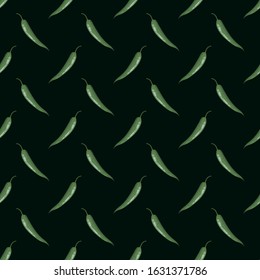 Vector seamless pattern with green hot chili peppers on dark green background; vegetable design for fabric, wallpaper, package, textile, web design.