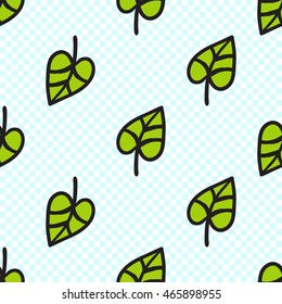 Vector seamless pattern with green leaf. Hand drawn cute and funny fashion illustration. Modern doodle pop art sketch 