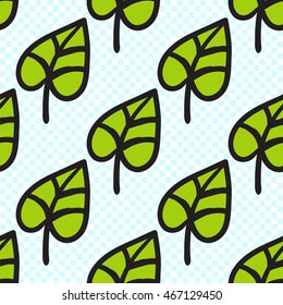 Vector seamless pattern with green leaf. Hand drawn cute and funny fashion illustration. Modern doodle pop art sketch 