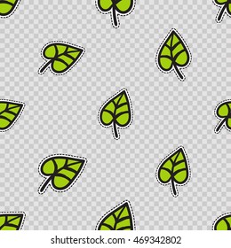 Vector seamless pattern with green leaf. Hand drawn cute and funny fashion illustration patches or stickers kit. Modern doodle pop art sketch badges and pins