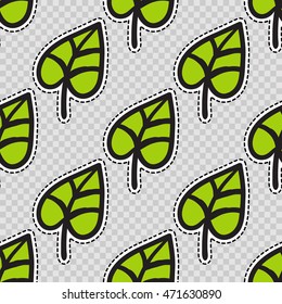 Vector seamless pattern with green leaf. Modern doodle pop art background formed badges, stickers or pins.
