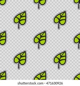 Vector seamless pattern with green leaf. Modern doodle pop art background formed badges, stickers or pins.