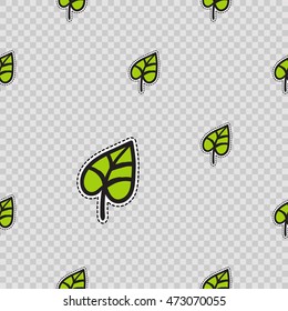 Vector seamless pattern with green leaf. Modern doodle pop art background formed badges, stickers or pins.