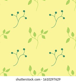 Vector seamless pattern with green leaves and berries on yellow background. Hand drawn doodle illustration. Design for greeting cards, scrapbooking, textile, wrapping paper, wallpaper, invitations etc