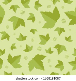 Vector seamless pattern with green leaves on a light background. Flat mininistic image. Summer ornament. Illustration for packaging design of tea, cosmetics, banners and posters, backgrounds.