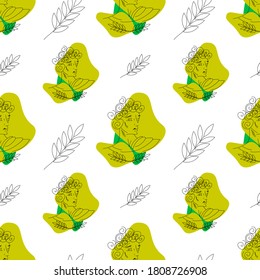 Vector seamless pattern with green leaves and head of David in line art style for fabrics, paper, textile, gift wrap isolated on white background 