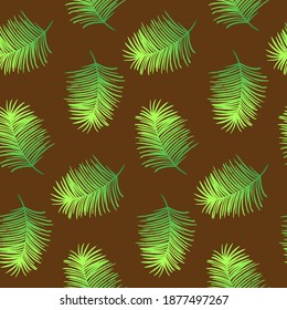 Vector seamless pattern with green leaves. Exotic palm tree, green color with gradient. Background for clothes, web and design. Ecology theme. Summer illustration. Print for greeting cards, gift wrap.