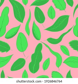 vector seamless pattern green leaves. Fresh greens spring summer. For fabrics, textiles, wallpapers, packaging, backgrounds, invitations, web pages and advertisements. Hand drawing