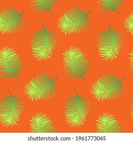 Vector seamless pattern with green leaves. Exotic palm tree, green color with gradient. Background for clothes, web and design. Ecology theme. Summer illustration. Print for greeting cards, gift wrap