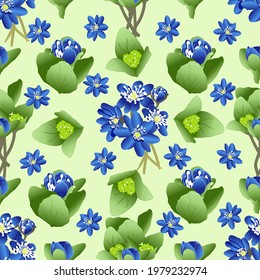 vector seamless pattern with green leaves and blue flowers in bright colors